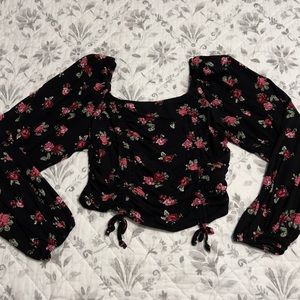 Wild Fable Black Floral Rose Print Cinched & Cropped Long Sleeve Blouse